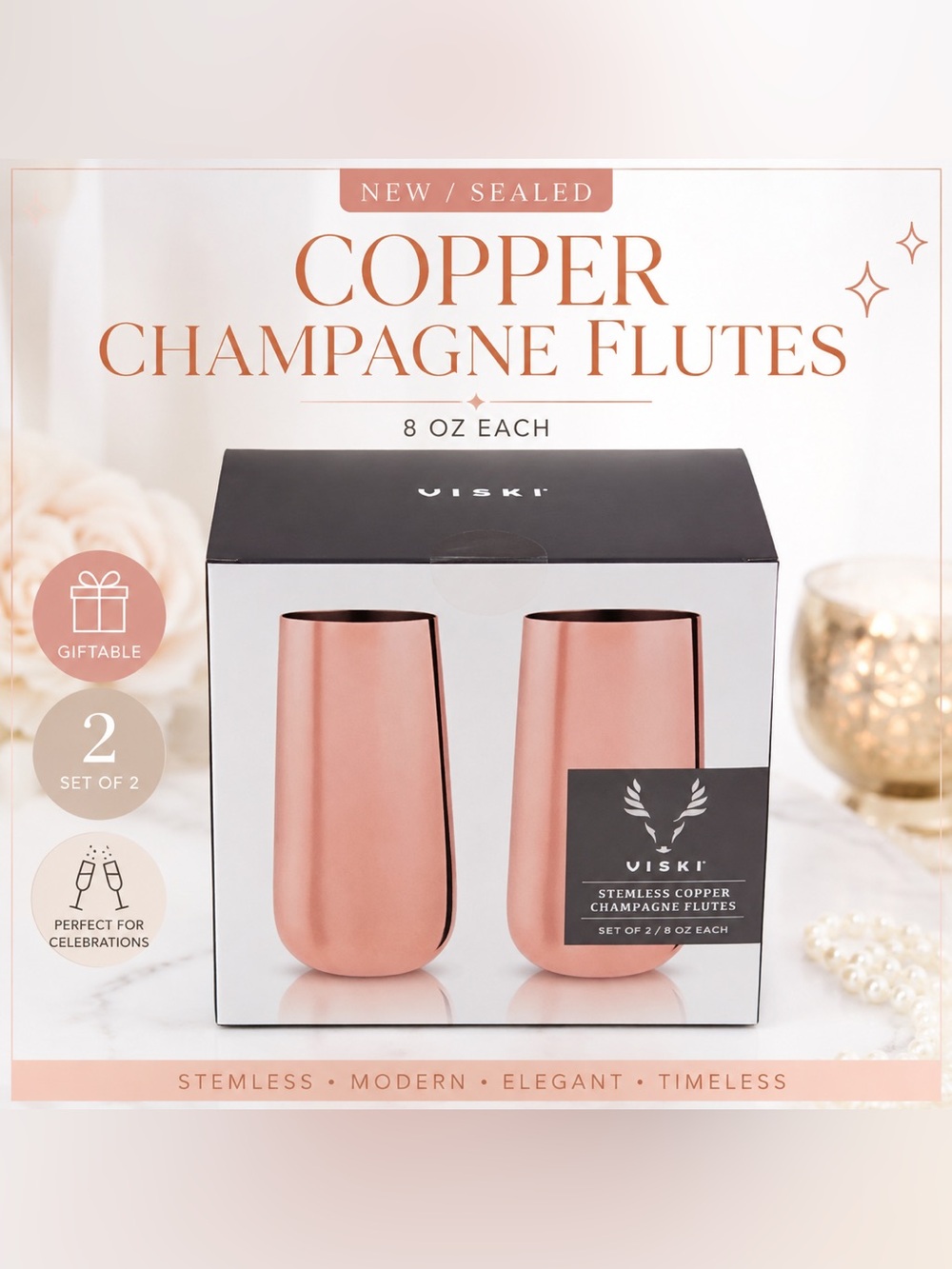 VISKI Stemless Copper Champagne Flutes Set of 2 | 8 oz | New Sealed Gift Box